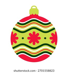 Festive Christmas ball. Patterned decor element for Christmas tree in red and green colors. Vector illustration isolated on white background. Xmas vibrant design element 