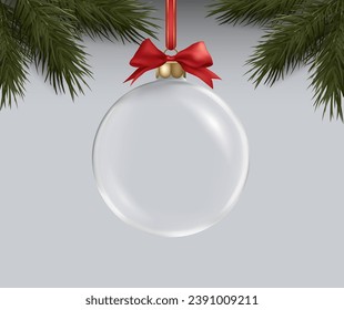 Festiva ilustración vectorial de bola de Navidad con diseño transparente y realista. Ideal para la decoración de vacaciones, tarjetas de felicitación y diseños de temática invernal. No se genera IA.