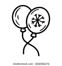 Globos navideños festivos con icono vector lineal copo de nieve en el estilo boceto de doodle