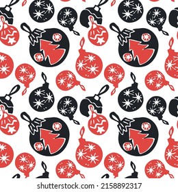 Festive Christmas balls. Christmas tree and snowflakes. Seamless vector pattern in flat style. Abstract hand print linocut. Design for wrapping paper, fabric, boxes