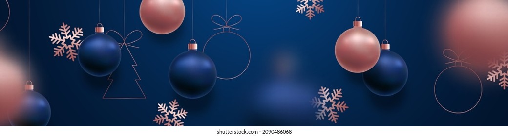 Festive Christmas banner. Advertising horizontal banner. Christmas balls motion blur effect. New Year template for web site, store promotion, social media.