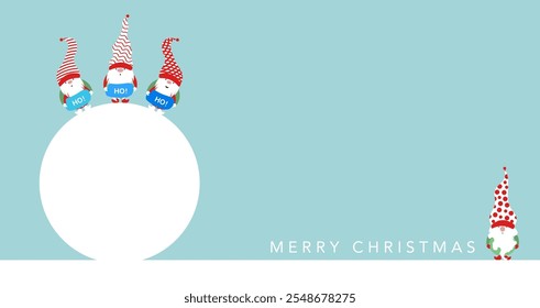 Festive Christmas banner with big snowball and set Scandinavian nordic gnome, cute Christmas Santa Gnomes, Ho Ho Ho Elf. Blue background with copy space. Vector card Xmas elements design 