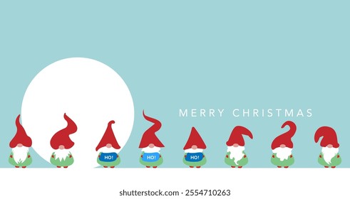 Festive Christmas banner with big snowball and set Scandinavian nordic gnome, cute Christmas Santa Gnomes, Ho Ho Ho Elf. Blue background with copy space. Vector card Xmas elements design