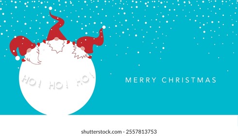 Festive Christmas banner with big snowball and set Scandinavian nordic gnome, cute Christmas Santa Hat Gnomes, Ho Ho Ho Elf. Blue background and snowing with copy space. Vector xmas card