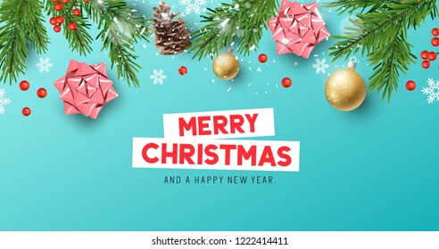 A festive christmas banner design with fir branches, bows, pine cones and decorations. Vector illustration.
