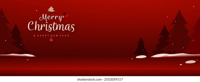 Festive Christmas banner design with merry Christmas and happy new year text on red background with pine trees and snow, vector design