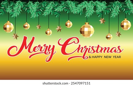 A festive Christmas banner featuring red script text reading 'Merry Christmas a Happy New Year,' adorned with golden ornaments, stars and fir branches