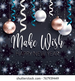 Festive Christmas Banner. Christmas Greetings Make Wish. Christmas Balls White And Rose Gold Colors. Blue Ribbon Streamers And Confetti. Realistic Vector. EPS10. Lettering. Calligraphic Text.