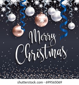 Festive Christmas Banner. Merry Christmas. Christmas Balls White And Rose Gold Colors. Blue Ribbon Streamers And Confetti. Realistic Vector. EPS10. Lettering. Calligraphic Text.