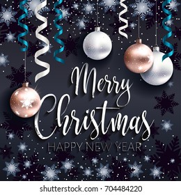 Festive Christmas Banner. Merry Christmas. Christmas Balls White And Rose Gold Colors. Blue Ribbon Streamers And Confetti. Realistic Vector. EPS10. Lettering. Calligraphic Text.