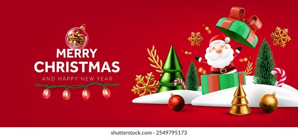 Festive Christmas Banner with Santa Claus Popping Out of a Gift Box, Surrounded by Christmas Trees, Ornaments, Snow, and Golden Snowflakes on a Vibrant Red Christmas Background