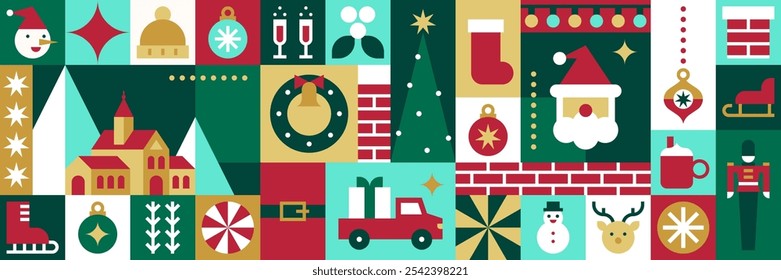 Festive Christmas Banner with Santa, Snowman, Tree, and Traditional Holiday Symbols Vector Illustration