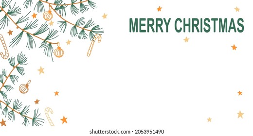 Festive Christmas banner with space for text. Pine branches and Christmas tree decorations in the background. EPS10 vector illustration.