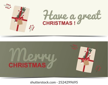 Banners de Natal festivos com caixa de presente e saudações.