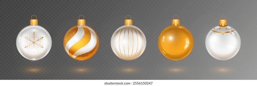 Festive Christmas baubles with white and gold design - snowflake pattern, spiral glittered decoration, striped ornament, solid metallic and minimalist decorated ball. 3d xmas spheres with shiny caps