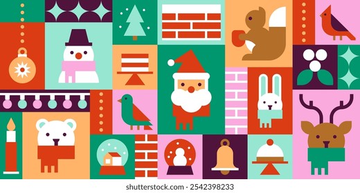 Festive Christmas Bauhaus-Style Illustrations with Santa, Snowman, Animals, and Holiday Symbols