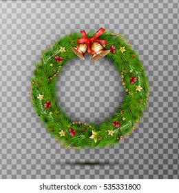 Festive Christmas beautiful Wreath of pine branches with gold shiny jingle bells, red bow, tree cone, berry, gold bead garland isolated on transparent background. Vector illustration