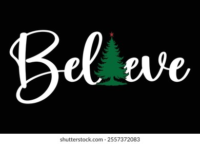 Festive Christmas 'Believe' t-shirt featuring a magical design with a Christmas tree. Perfect for holiday celebrations, gifting, or spreading Christmas cheer!