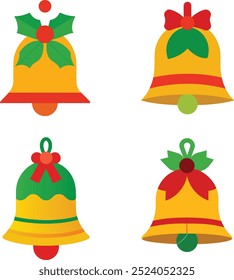 A festive "Christmas Bell Icon Vector Illustration" featuring a classic bell design adorned with ribbon and holly leaves. The sleek, minimalistic style makes it perfect for holiday-themed projects, 