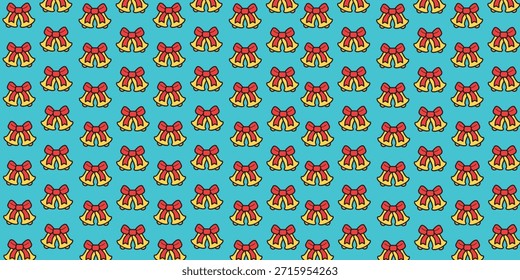 Festive Christmas bell seamless pattern with red bow on bright blue background. Trendy holiday repeat design perfect for wrapping paper, textile, wallpaper, branding, greeting card and seasonal decor.