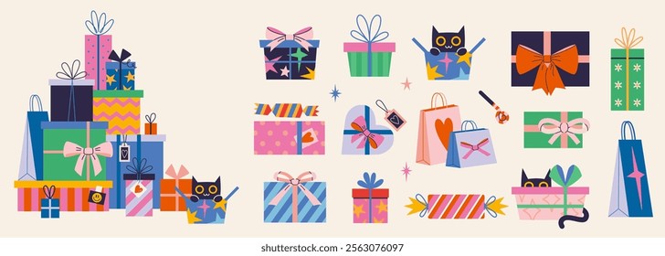 Festive, Christmas or Birthday presents package set. Pile of gifts. Boxes and bags with festive decorations like ribbons and bows, wrapping. Trendy modern isolated vector illustration, flat