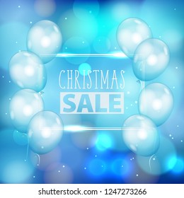 Festive Christmas blue background with defocused lights, white air balloons and thin rectangle frame. Bokeh abstract pattern with promotion Christmas sale text
