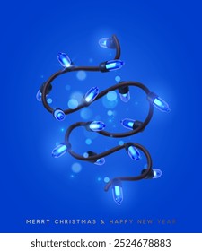 Festive Christmas Blue string lights brightly glowing. Realistic 3d New Year decorations garland isolated on rich blue background. vector illustration