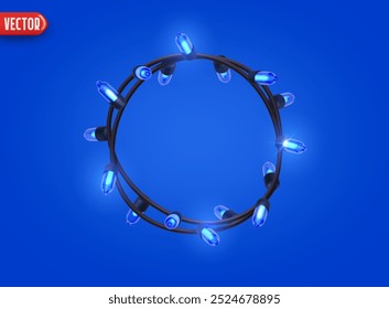 Festivo Natal azul corda luzes brilhantes. Realistic 3d Ano Novo decorações guirlanda isolado no fundo azul rico. ilustração vetorial