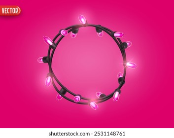 Festive Christmas Blue string lights brightly glowing. Realistic 3d New Year decorations garland isolated on rich pink background. vector illustration