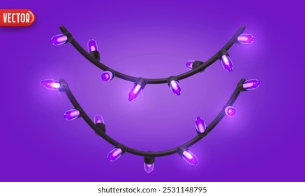 Festive Christmas Blue string lights brightly glowing. Realistic 3d New Year decorations garland isolated on rich purple background. vector illustration