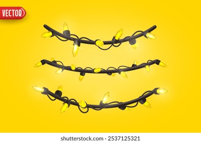 Festive Christmas Blue string lights brightly glowing. Realistic 3d New Year decorations garland isolated on rich yellow background. vector illustration