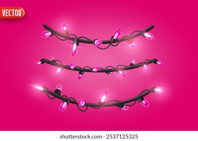 Festivo Natal azul corda luzes brilhantes. Realistic 3d Ano Novo decorações guirlanda isolado no fundo rosa rico. ilustração vetorial