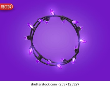 Navidades festivas Luces de cadena azul brillantes. Guirnalda realista de las decoraciones del año Nuevo 3d aislada en el fondo púrpura rico. Ilustración vectorial
