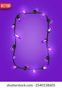 Festive Christmas Blue string lights brightly glowing. Realistic 3d New Year decorations garland isolated on rich purple background. vector illustration