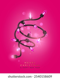 Festive Christmas Blue string lights brightly glowing. Realistic 3d New Year decorations garland isolated on rich pink background. vector illustration