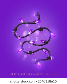 Festive Christmas Blue string lights brightly glowing. Realistic 3d New Year decorations garland isolated on rich purple background. vector illustration