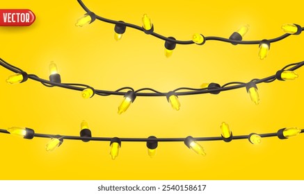 Festive Christmas Blue string lights brightly glowing. Realistic 3d New Year decorations garland isolated on rich yellow background. vector illustration