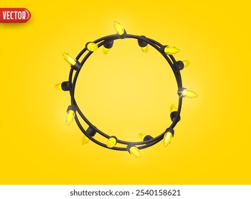 Festive Christmas Blue string lights brightly glowing. Realistic 3d New Year decorations garland isolated on rich yellow background. vector illustration