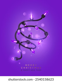 Festive Christmas Blue string lights brightly glowing. Realistic 3d New Year decorations garland isolated on rich purple background. vector illustration