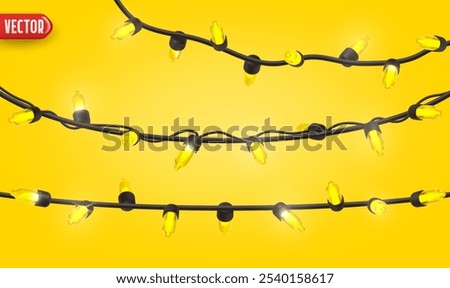 Festive Christmas Blue string lights brightly glowing. Realistic 3d New Year decorations garland isolated on rich yellow background. vector illustration