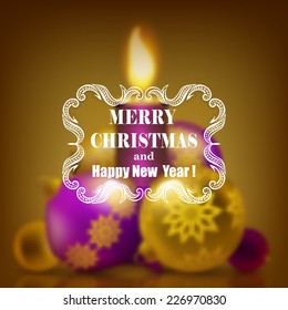 Festive Christmas blurred background with candle, baubles, balls and ornate frame. Holiday design for invitations, greeting cards, posters and flyers. Vector illustration EPS 10.