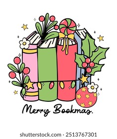 Festive Christmas books doodle Drawn retro groovy bookish for greeting cards, stickers, and shirt designs.