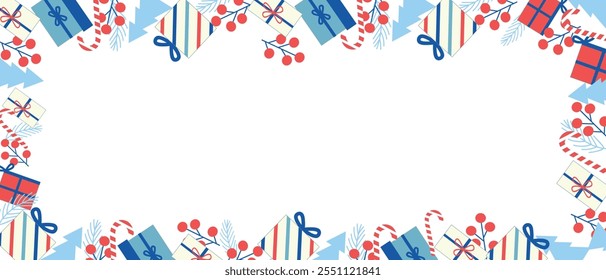 Festive Christmas border with colorful gift boxes, red berries, candy canes, and pine branches on a white background., with copy space for text. Vector.