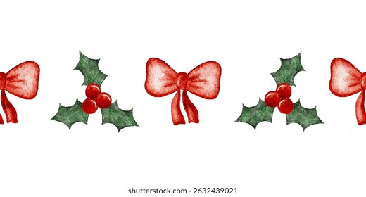 Festive Christmas border design with holly and bows. Vector illustration