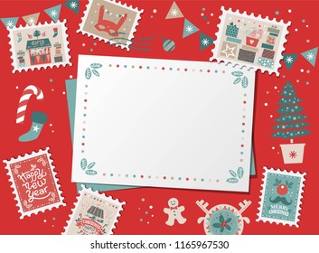 Festive Christmas border, frame, card with Christmas tree and festive decorations garland, sock, stamps. Christmas market and Happy New year sign. Christmas template for card, invitation, poster