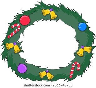 A festive Christmas border frame decorated with yellow bells, red and white candy canes, and colorful ornaments on a green wreath base