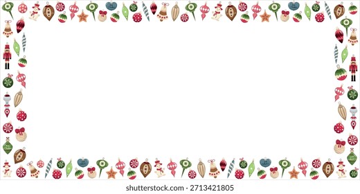 A festive Christmas border frame made of colorful ornaments, baubles, nutcrackers, bells, and snowmen.