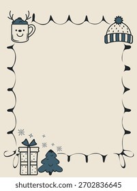 Frontera navideña festiva con regalos, árboles y decoraciones navideñas. Arte vectorial