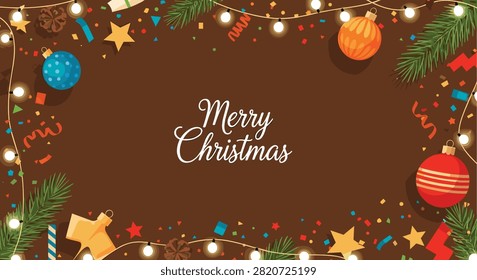 Festive Christmas border with glowing light strings, colorful baubles, pine branches, and gold stars on a brown background.