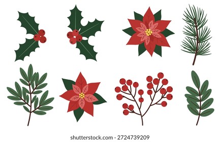 festliche weihnachten botanische elemente holly pine poinsettias